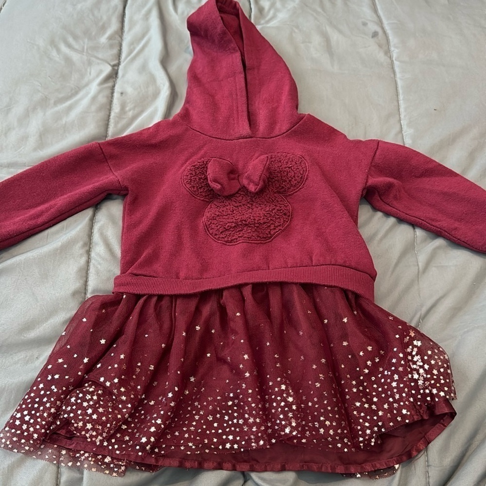 Disney Minnie Mouse Tutu Star Sweatshirt Dress with Hood 2T Maroon​​​​​​